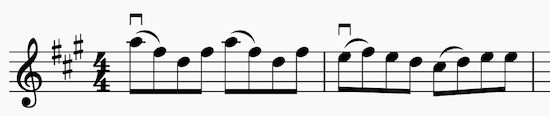 Sheet music for two measures of Dull Chisel using the shuffle pattern