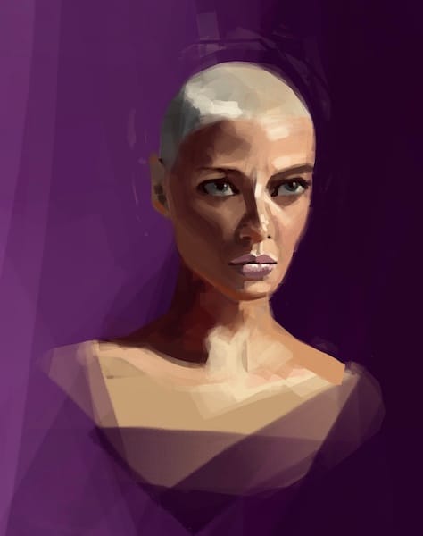 Digital portrait drawing of a woman's bust staring into the distance