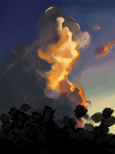 Fire-like clouds behind trees, painted in Procreate